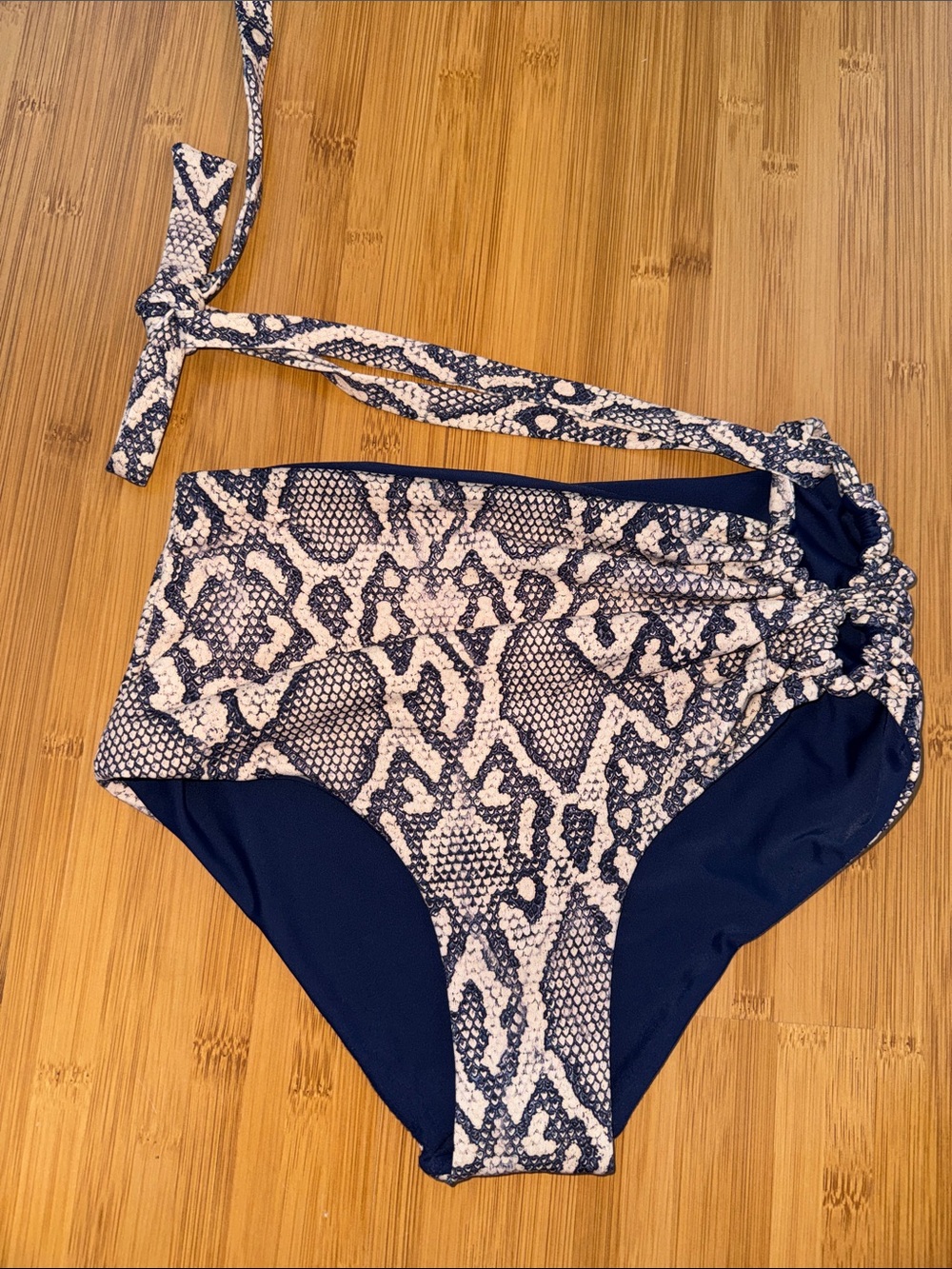Maheli Heli Reversible High-Waist Snake Print Bikini Bottom in Navy and Cream